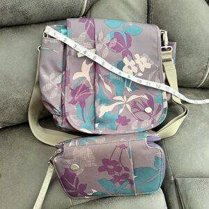 Bundle of crossbody/backpack/shoulder bag and wallet floral turquoise & purple